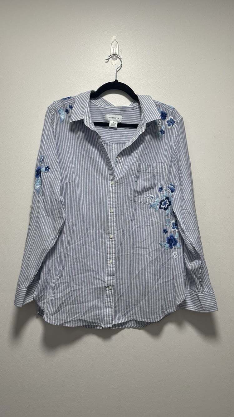 100% Cotton Flowy Cottage Core Button Shirt Women’s Size XL Striped & Floral